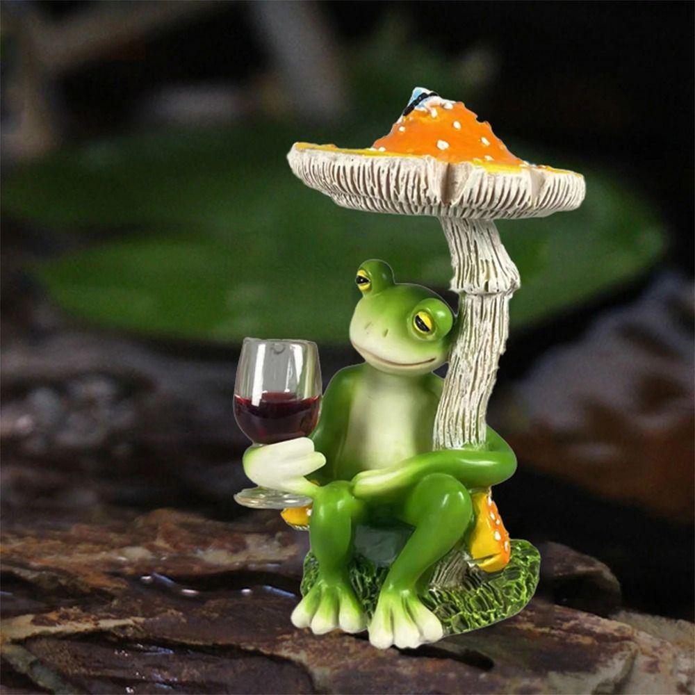 Red/Yellow Mushroom Sitting Frog Ornament Holding Wine Cup Frog Home Decor Outdoor Decor