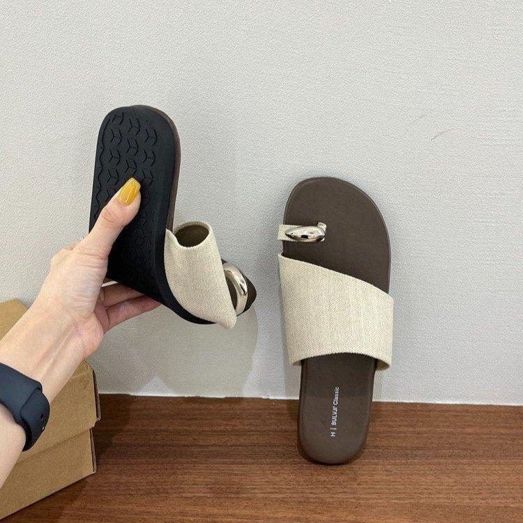 Set Of Toe Slippers Outer Wear Summer New Korean Version Linen Vacation Style Retro Cool Slippers Flat Bottom Seaside Beach