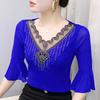 Summer Fashion Sexy V-neck Girl T-shirt Clothes Shiny Hot Diamond Flare Sleeve Mesh Tees High Quality Women's Tops