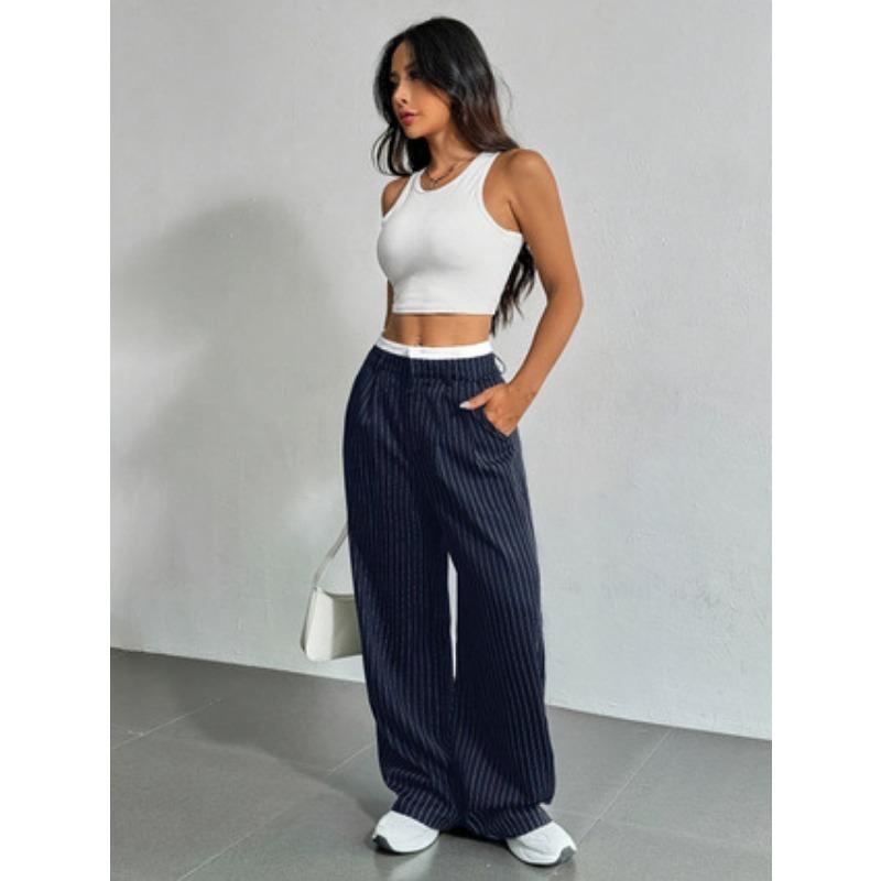 Women's Fashion Casual Stripe Print High Waist Trousers Pants & Capris