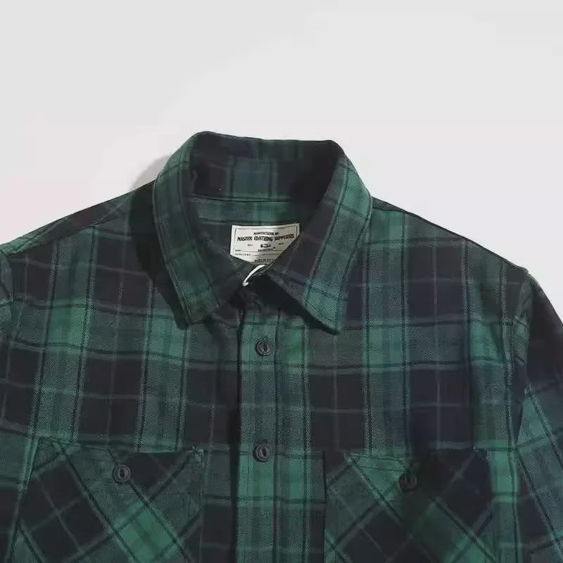 Verdicktes Khaki-Karohemd für Herren – Retro-amerikanische Arbeitskleidung, 300 g, langärmlig mit Doppeltaschen