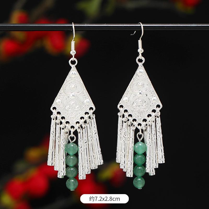 Miao Yin earrings original niche retro Dongling jade earrings long fringed earrings women