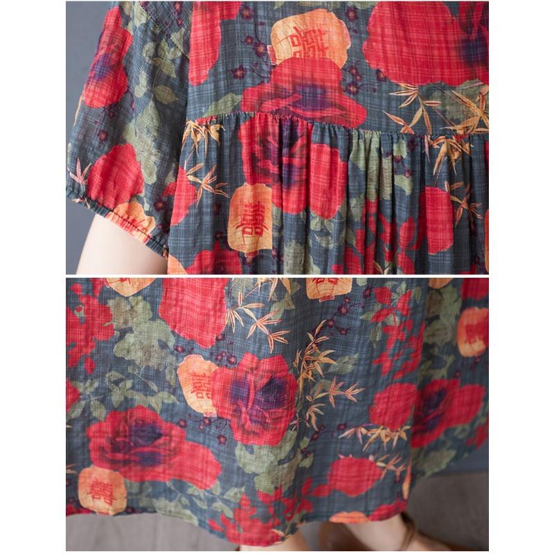 DIMANAF 2025 Summer Women Plus Size Vintage Dress Floral Short Sleeve Casual Basic New Printing Loose Long Dress