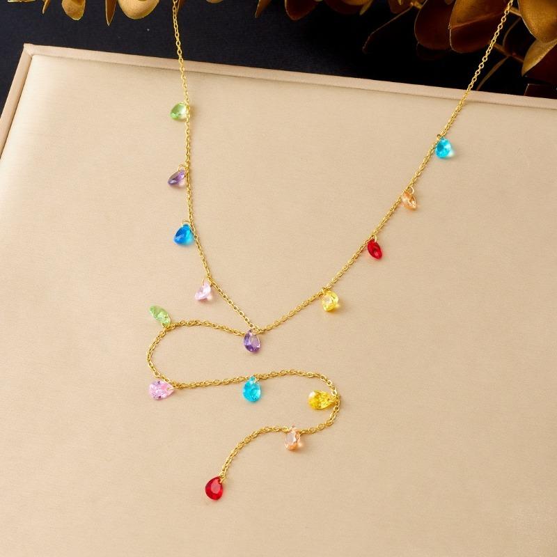 Gold Colorful Water Drop Crystal Lariat Necklace for Women
