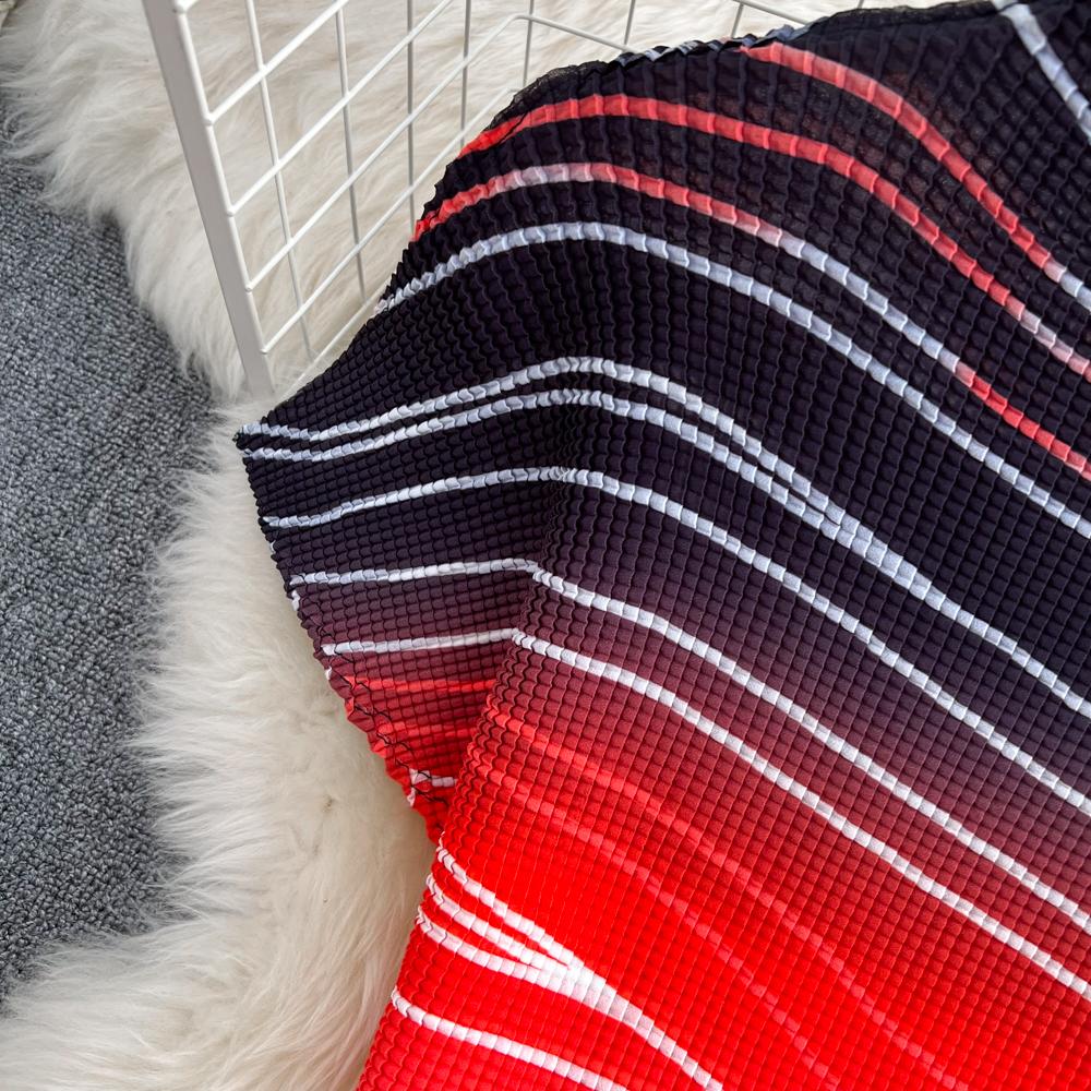 Women's Stand Collar Short Sleeve Striped Gradient High Waist Short Top Two Piece High Waist Pleated Skirt