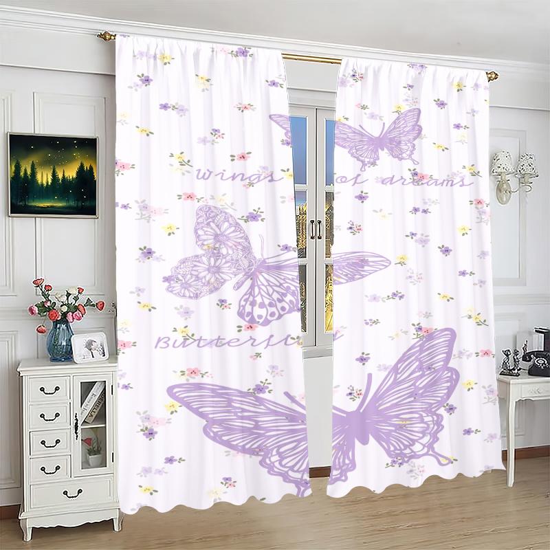 2Pcs- Purple Butterfly - Printed Curtains -100% Polyester for Bedroom Curtains and Living Room Decor.
