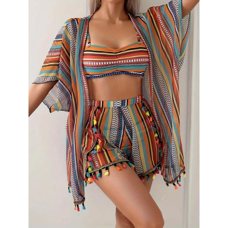 2026 4-Piece Bikini Set, Sexy Fringe Swimwear with Sun Protection Cover Up S