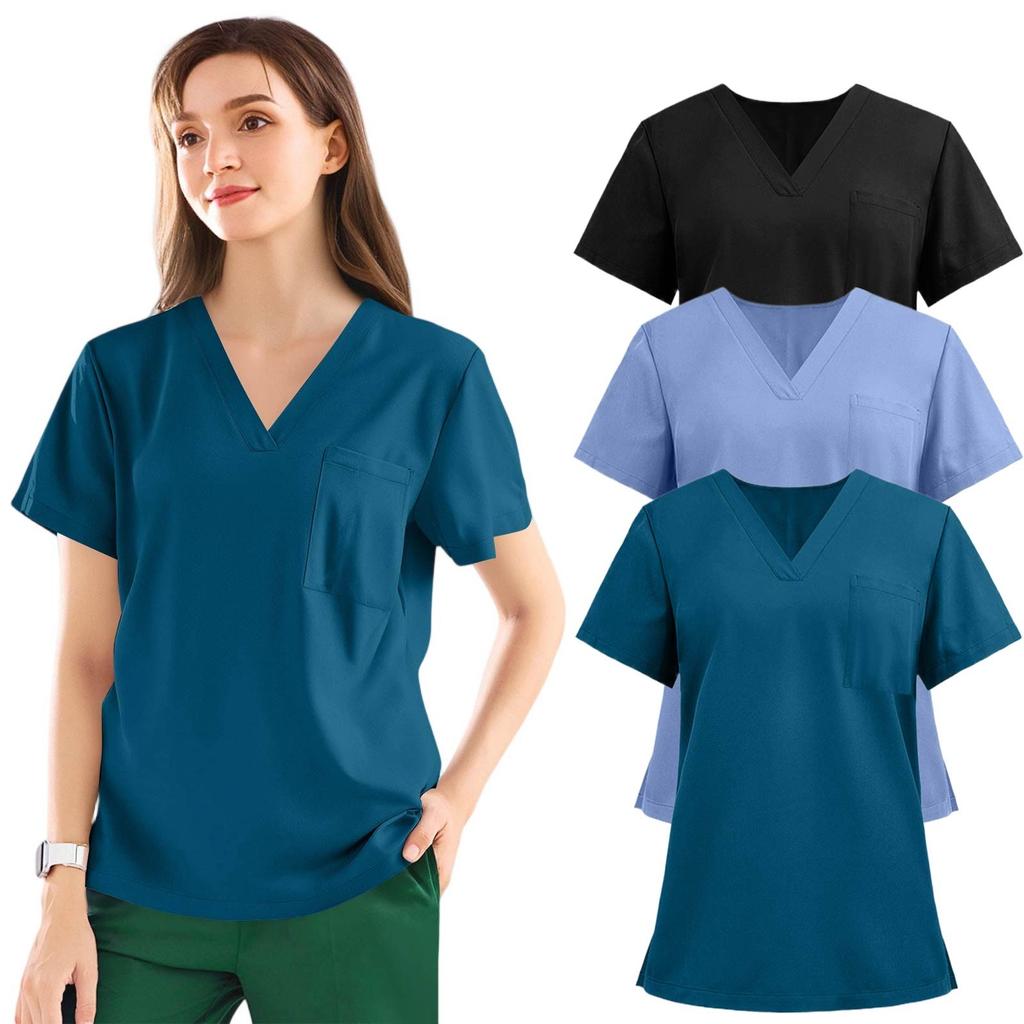 3PC Women's Fashion Solid Short Sleeve V Neck Pattern Tops Pocket Working T-shirts