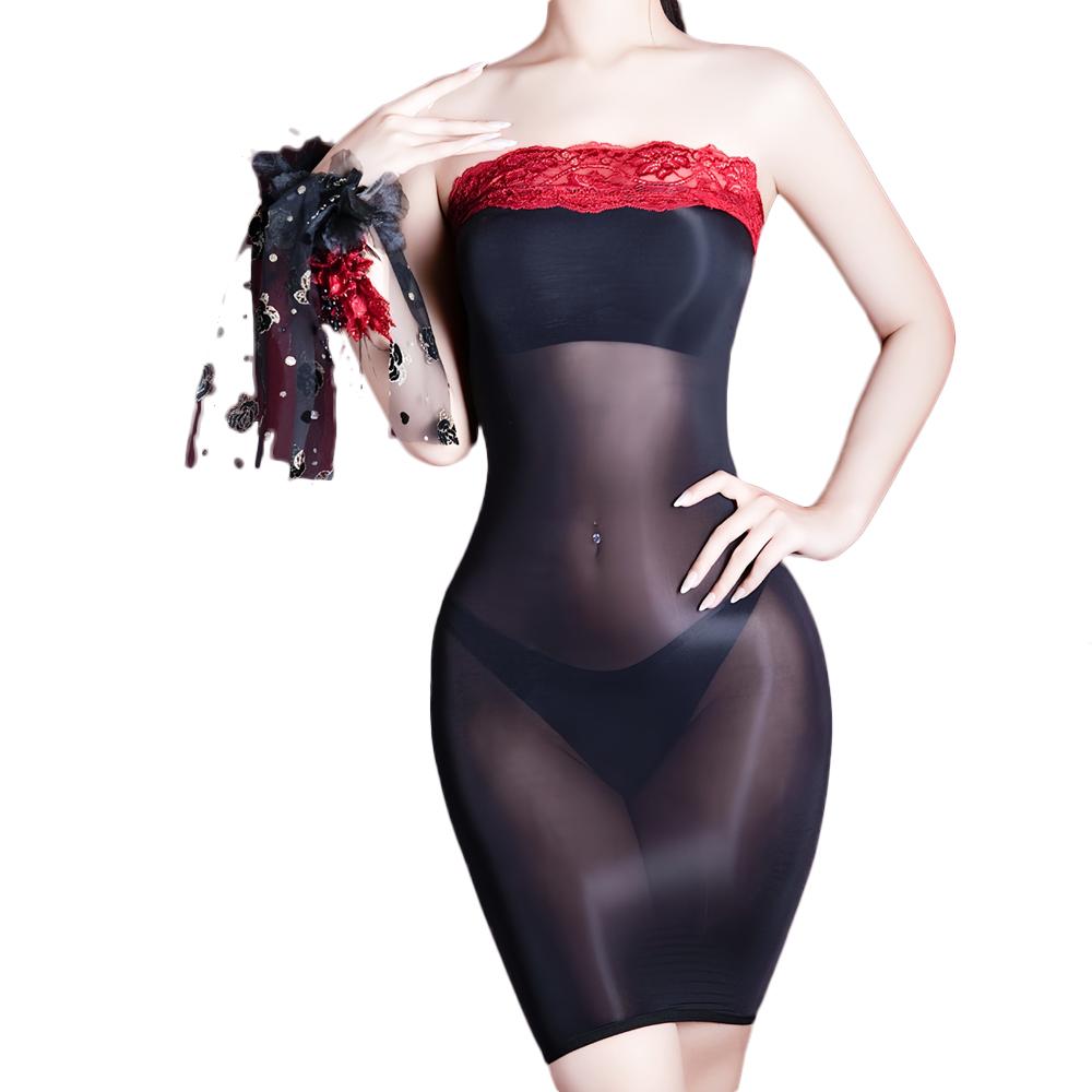 Fashion Women Lace Bodycon Tube Micro Mini Dress 5D Oil Glossy Shiny Package Hip Dress Sheer See Through Elastic Maid Dress