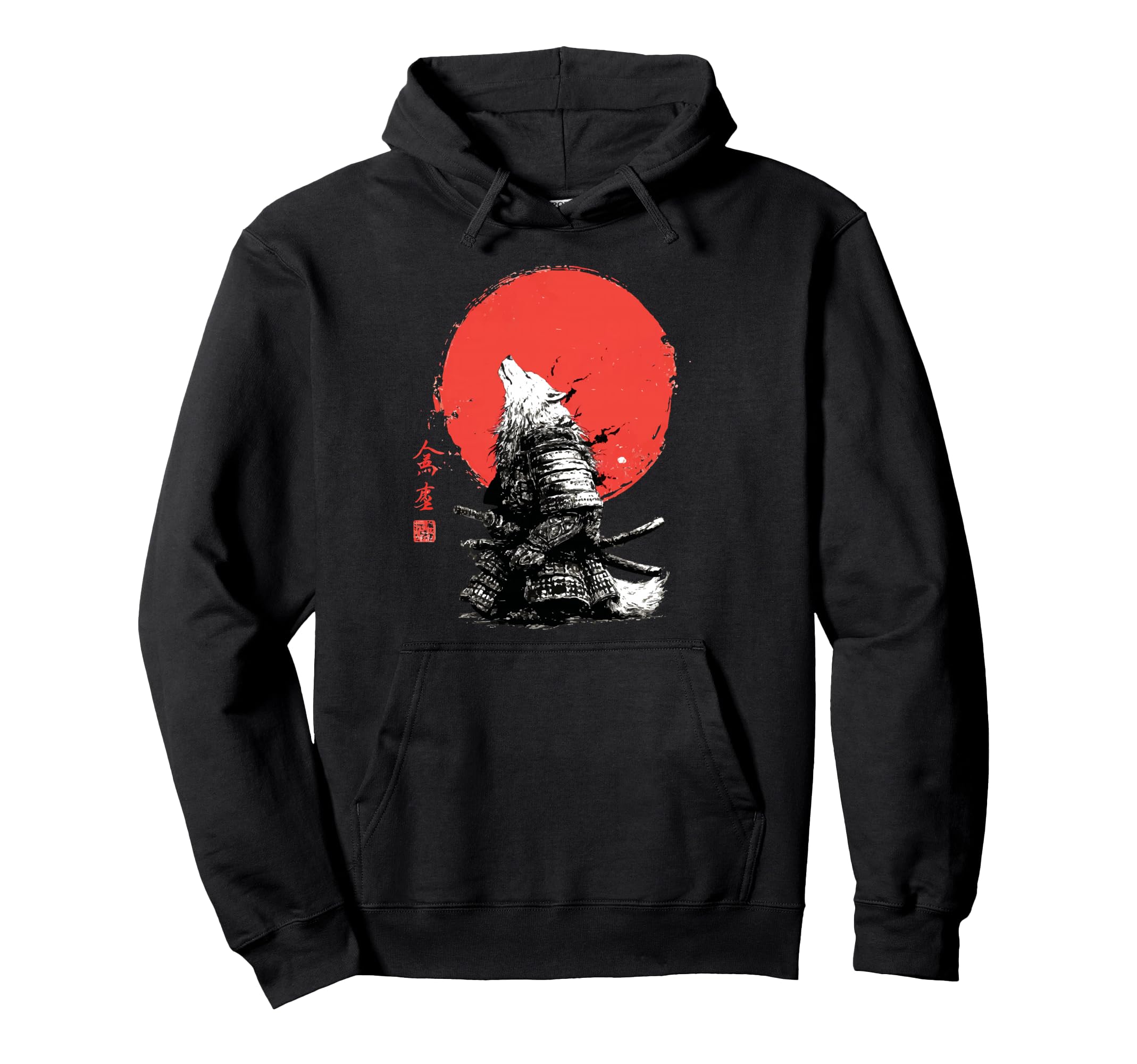 Japanese sword-wielding warrior wolf red sun art hoodie