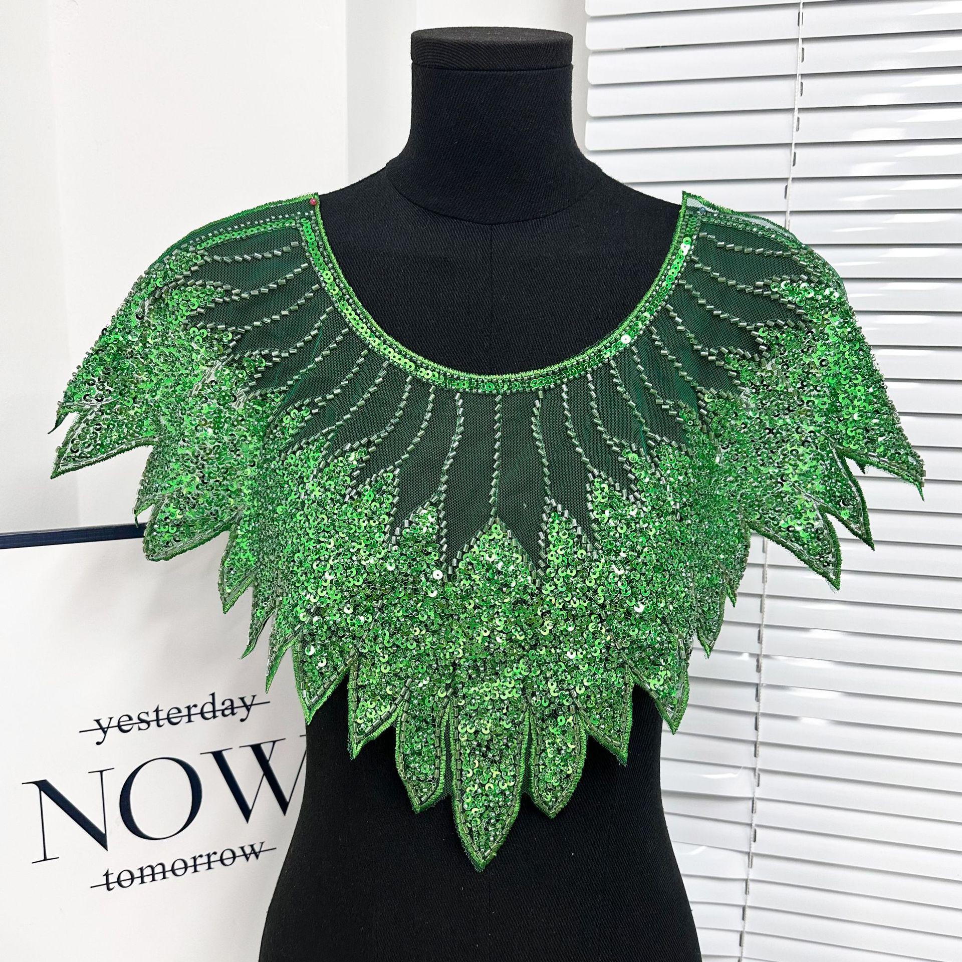 

Бисерная аппликация кружево вырез горловины сияющая нашивка на вырез элегантный кружевной воротник с пайетками шитье зелёный