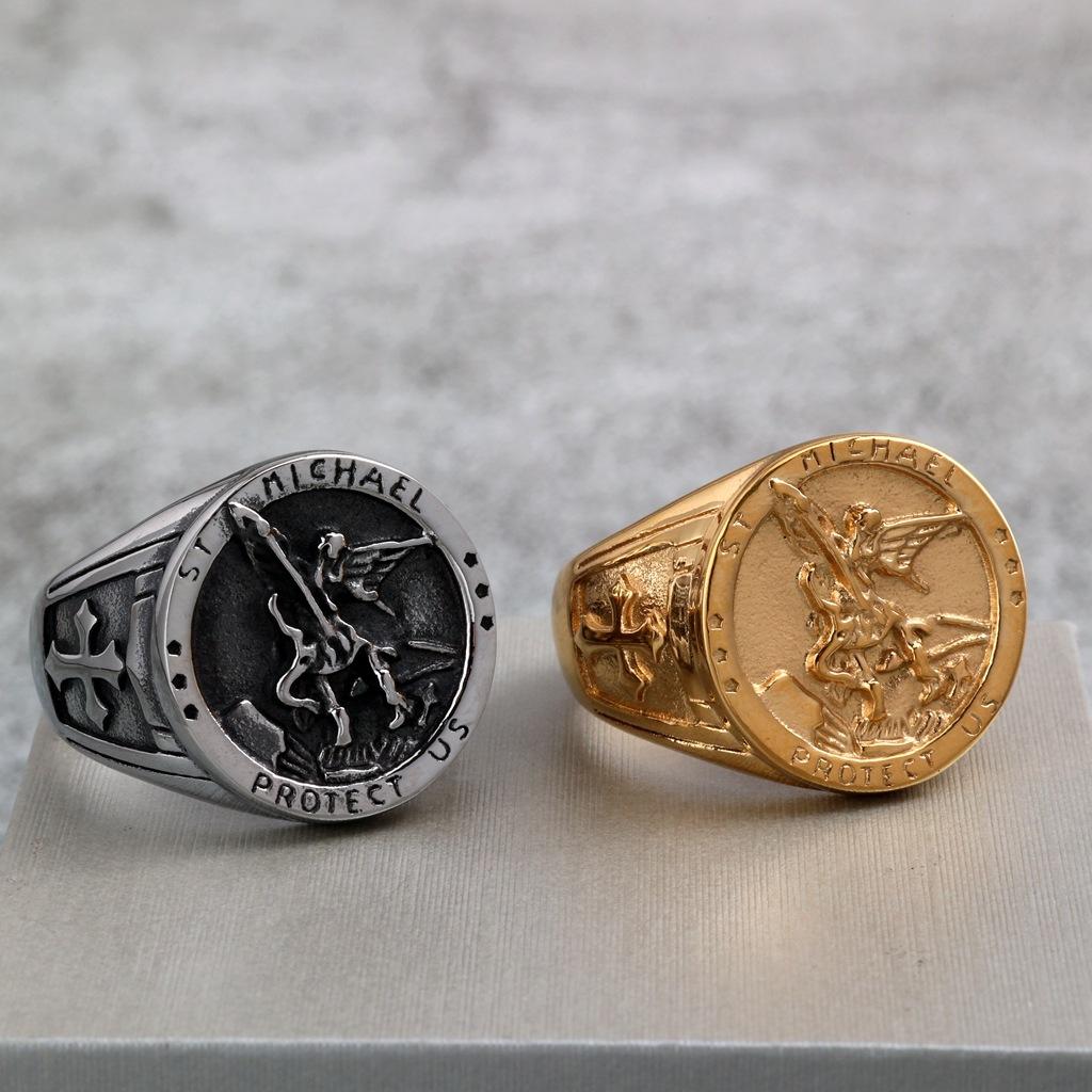 Vintage Titanium Steel Ring Archangel St. Michael's Dragon Slayer Ring Men's Stainless Steel Jewelry