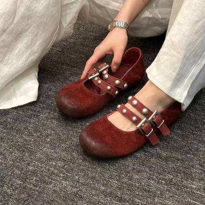 Fashion Rivet Buckle Single Shoes Autumn New Round Toe Shallow Mouth One Strap Soft Sole Non-slip Comfortable Flats