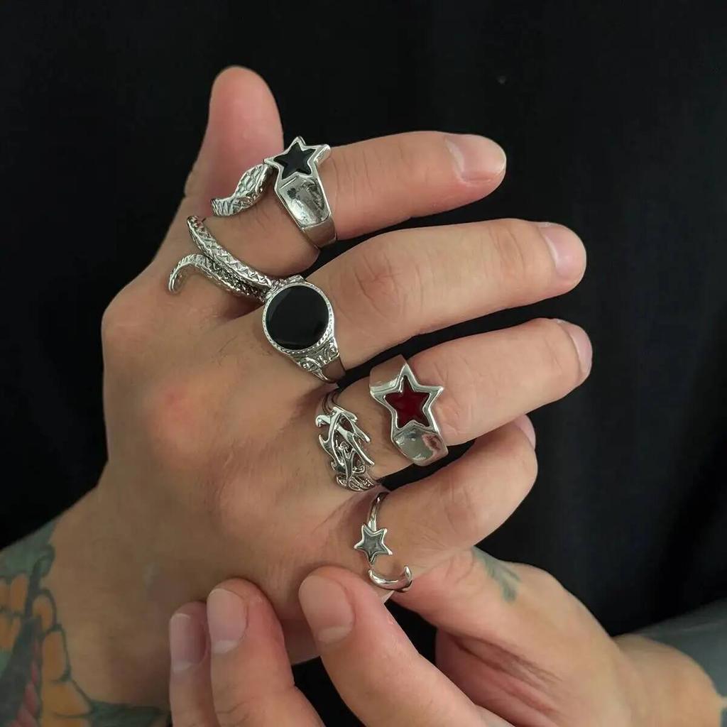 IngeSight.Z 6Pcs/set Gothic Snake Open Rings for Men Punk Creative Irregular Stars Adjustable Finger Ring Jewelry Halloween Gift