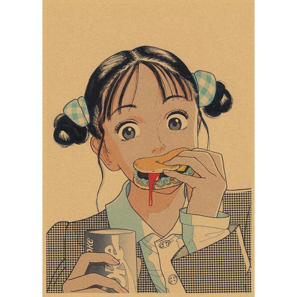 Sakura Diaries Retro Kraftpapier Manga Illustration Wandkunst