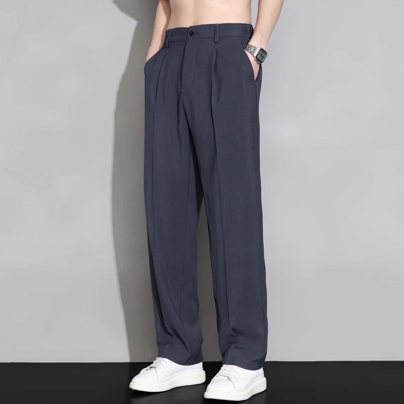 Men's Loose Suit Pants Classic Straight Solid Color Drape Elastic Business Office Worker Casual Trousers Brown Khaki Gray