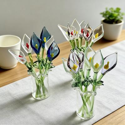 Handcrafted Glass Callalily with Stem Hand-Blown Mini Glass Flower Figurine Decoration Home Living Room Office Colorful Floral Ornament