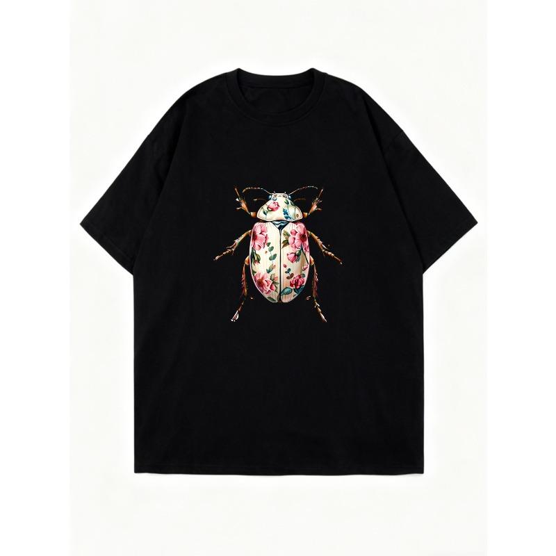 Oversized T Shirt Dress Black Floral Beetle Print Women Casual Summer Outfit