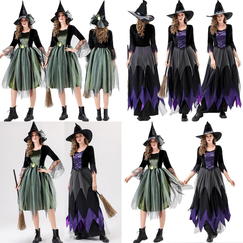 Halloween Witch Costume For Women With Polyester Fabric Long Dress For Stage Performance