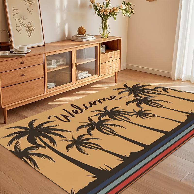 Retro Palm Tree Welcome Area Rug Vintage Striped Border Design Non Slip Washable Floor Carpet for Entryway Hallway