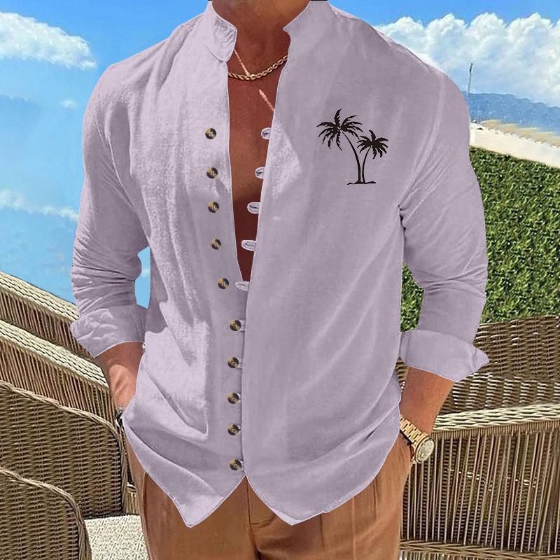 Coconut Tree Casual Printed Vintage Stand Collar Long-Sleeved Button-Down Men's Shirt