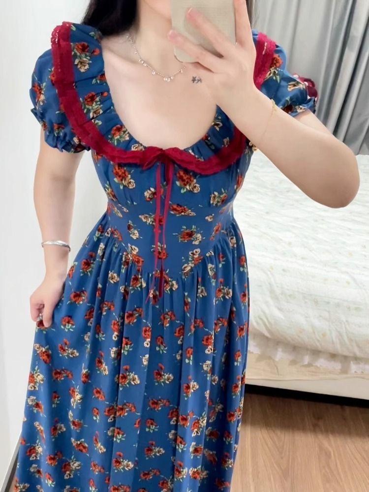 French blue floral dress women's summer new seaside vacation temperament beautiful long dress