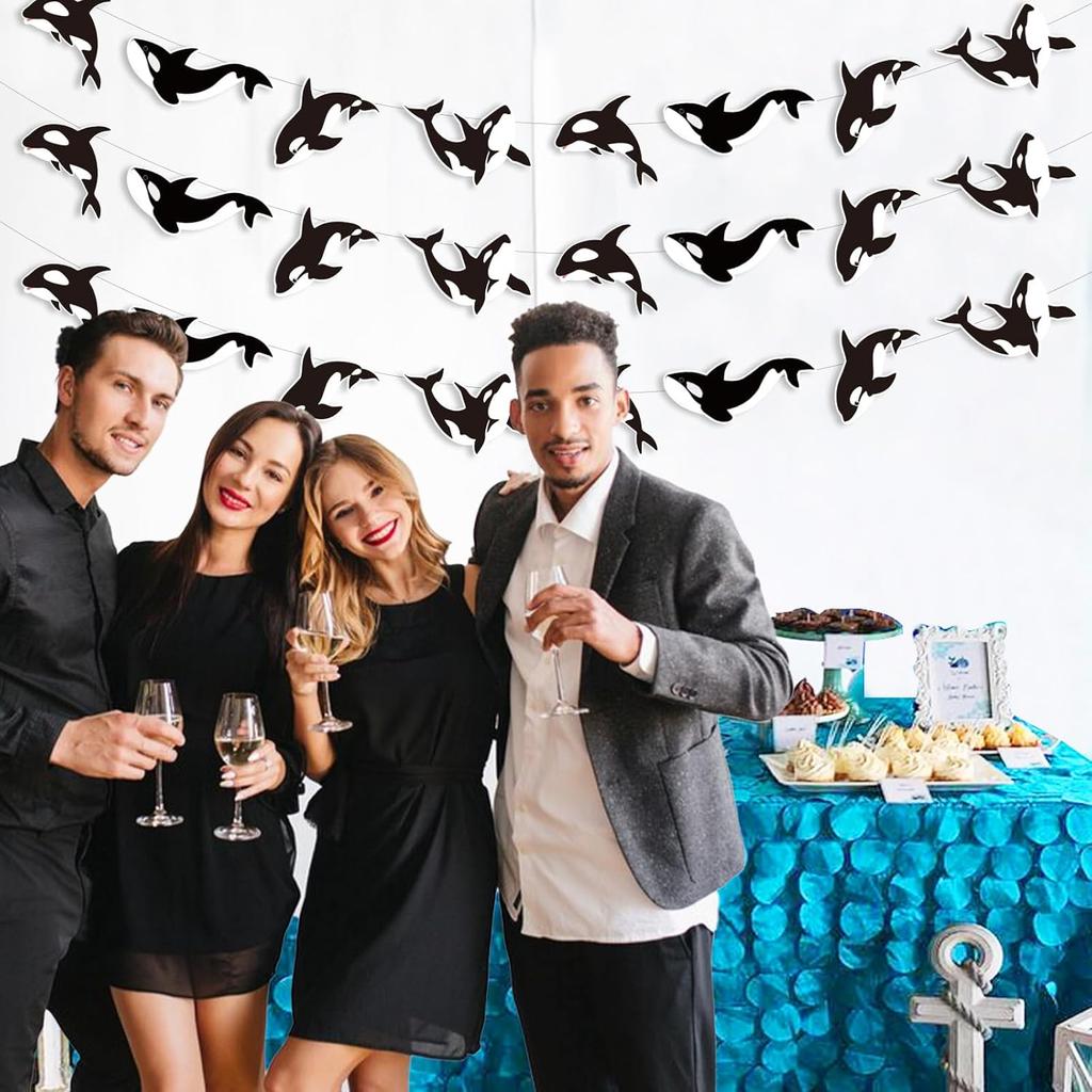 Cheereveal 3 Pack Killer Whale Garlands, Black and White Orca Hanging Banners, Whales Animals Sea Creature Ocean Under The Sea Theme Baby Shower