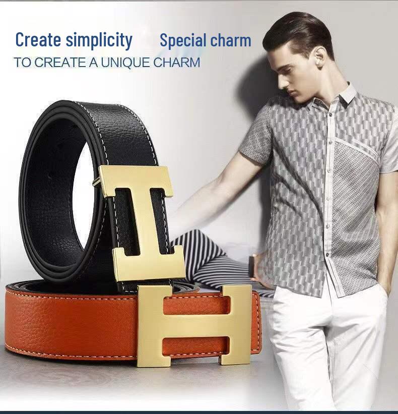Pánský módní kožený pásek z hovězí kůže s H přezkou 2022 - Stylový a trendy pásek přes pas pro mladé lidi
