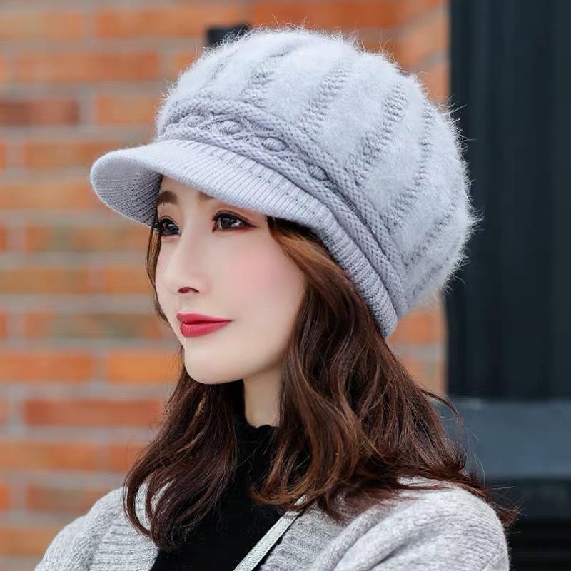 Female Autumn and Winter Casual Rabbit Fur Duck Tongue Beret Winter Cold Warm Knitted Wool Hat