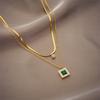 Gold Tone Double Layer Herringbone Chain Necklace with Emerald CZ Pendant