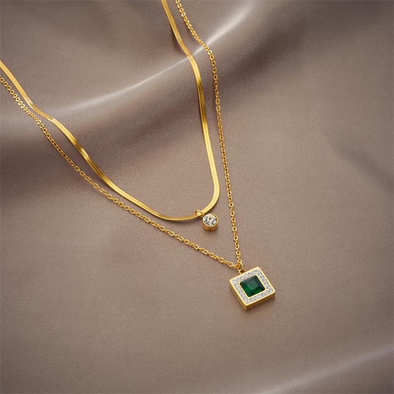 Gold Tone Double Layer Herringbone Chain Necklace with Emerald CZ Pendant