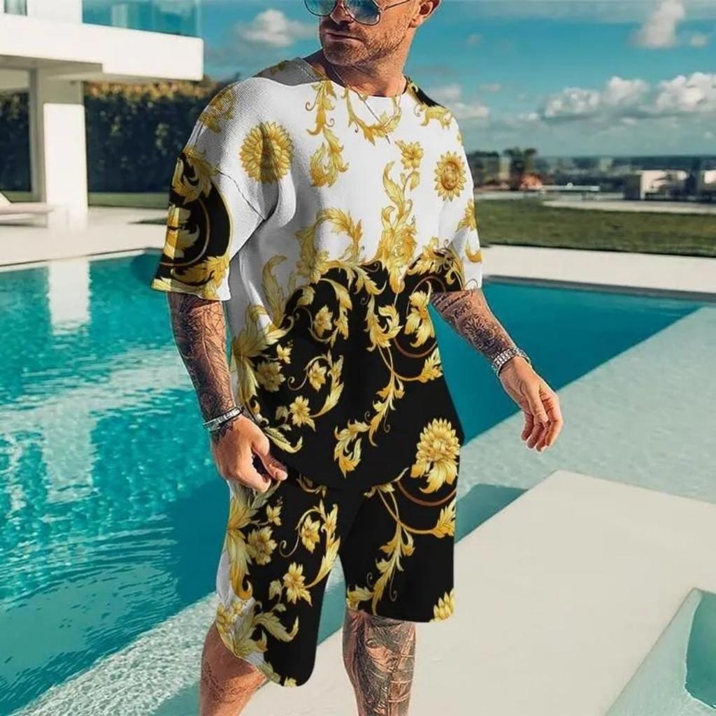 2025 Summer New Men's Luxury Gold Pattern Sportswear 3D Printed Short Sleeve T-shirt Set Fashionable Casual Men's T-shirt