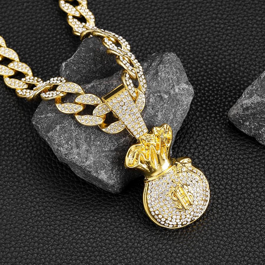 Hip Hop USD Full Diamond Personalized USD Symbol Money Bag Alloy Pendant Hip Hop Men's Cuban Chain Necklace