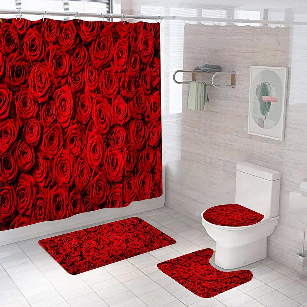 Red Rose Flowers Pattern Shower Curtain Set With Rugs Waterproof Bathing Screen Anti-Slip Toilet Lid Cover Rugs Bathroom Decor
