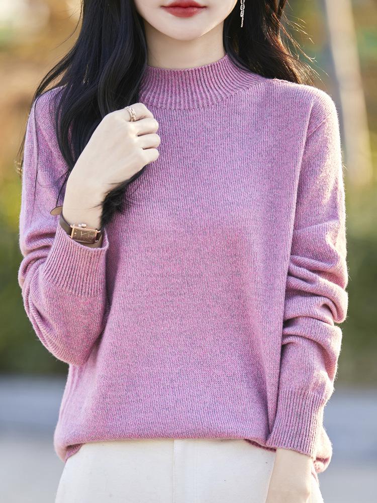 Women's Soft Loose Knit Sweater: Slub Yarn Semi-High Neck Pullover