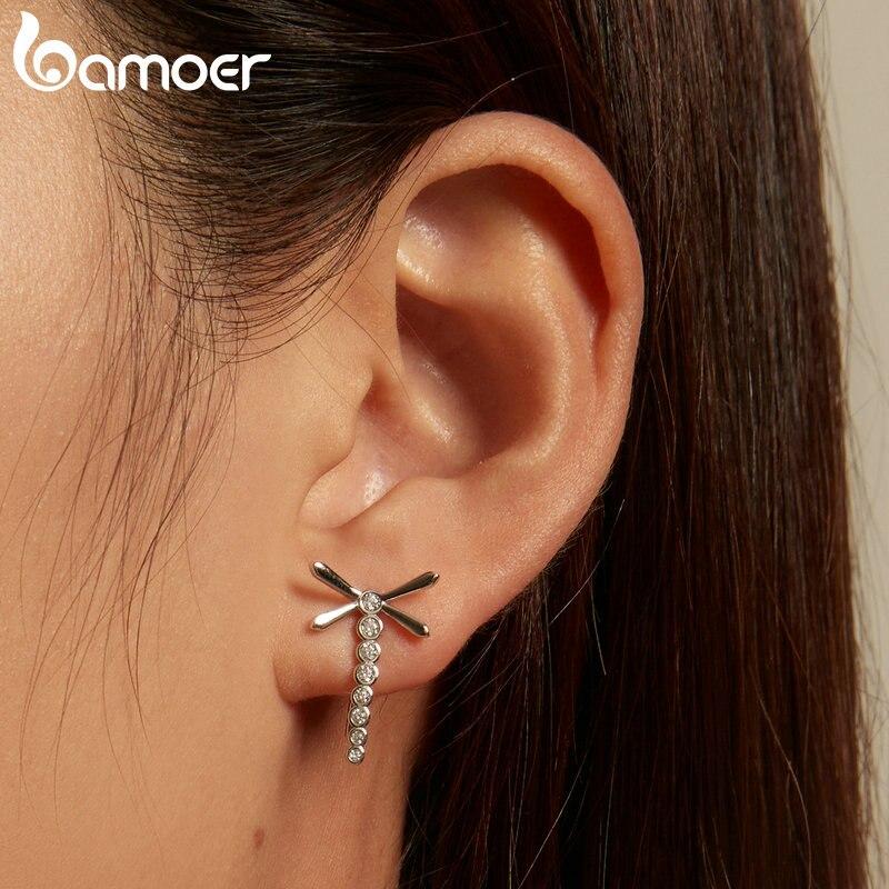 BAMOER Authentische 925 Sterling Silber Libellen Ohrstecker Ohrringe Insektenohrringe mit langem Schwanz für Frauen Geschenk Zirkonia Echtschmuck