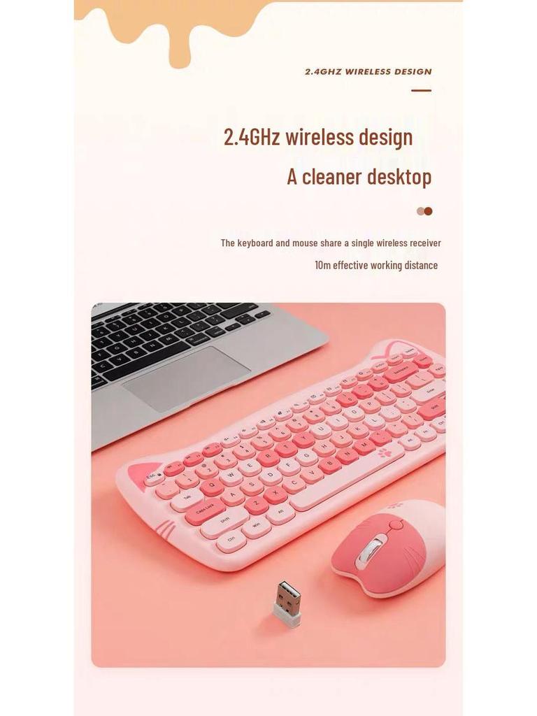 Adorable Kitty Cat Wireless Keyboard and Mouse Set with Pink Sakura Design and Cute Cat Ears - Perfect Silent Gift Box for Girls