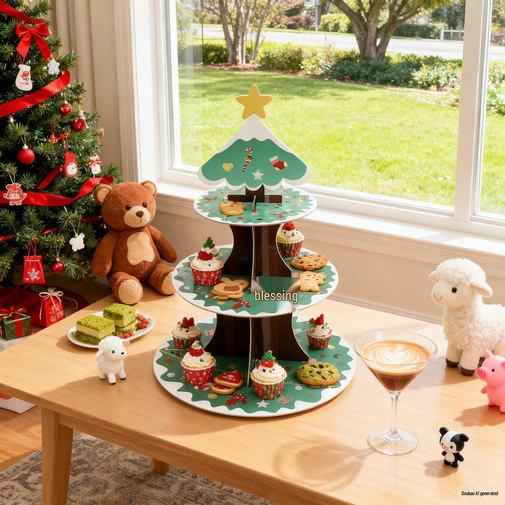 Üç Katlı Yılbaşı Tatlılık: Parti Dekorasyonu İçin Noel Baba & Ağaç Pasta Standı