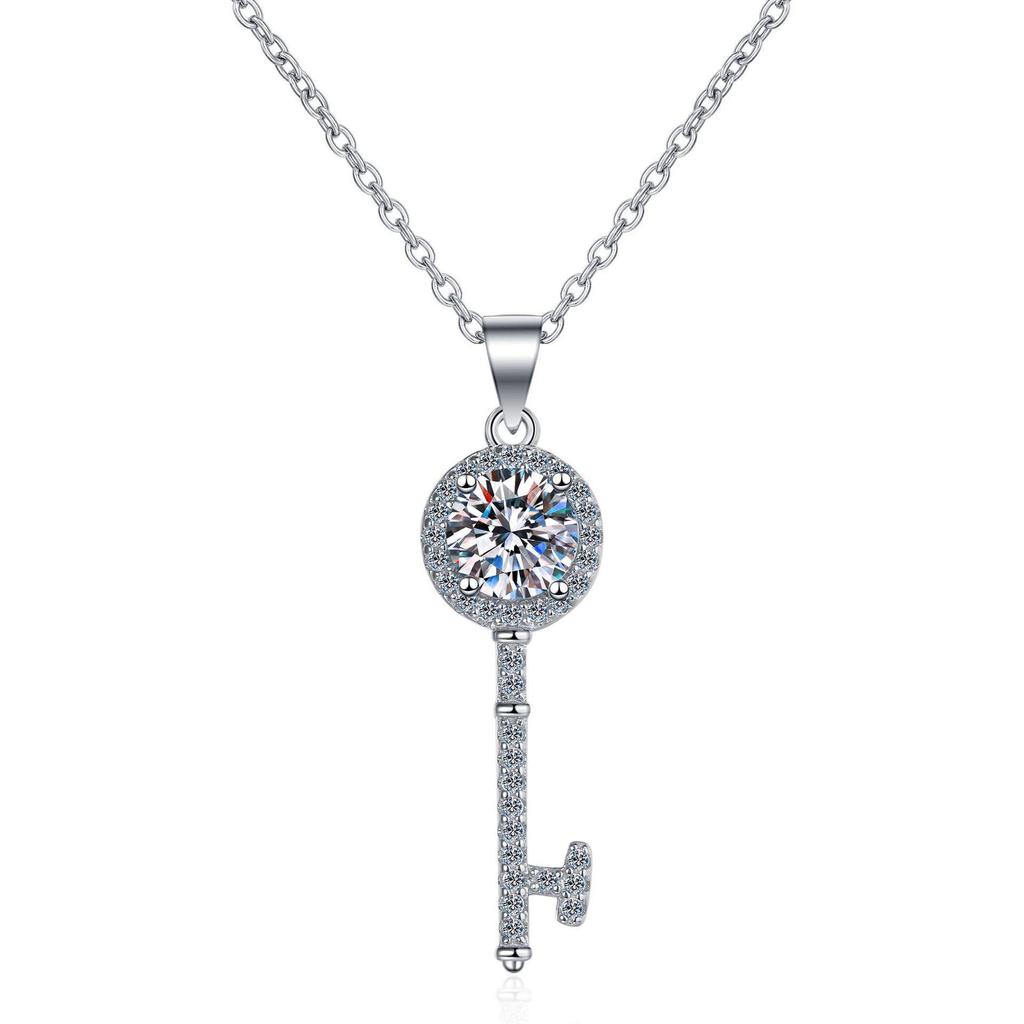 925 Sterling Silver Moissanite Key Pendant Necklace, Korean-Style Pt950 Gold-Plated Clavicle Chain