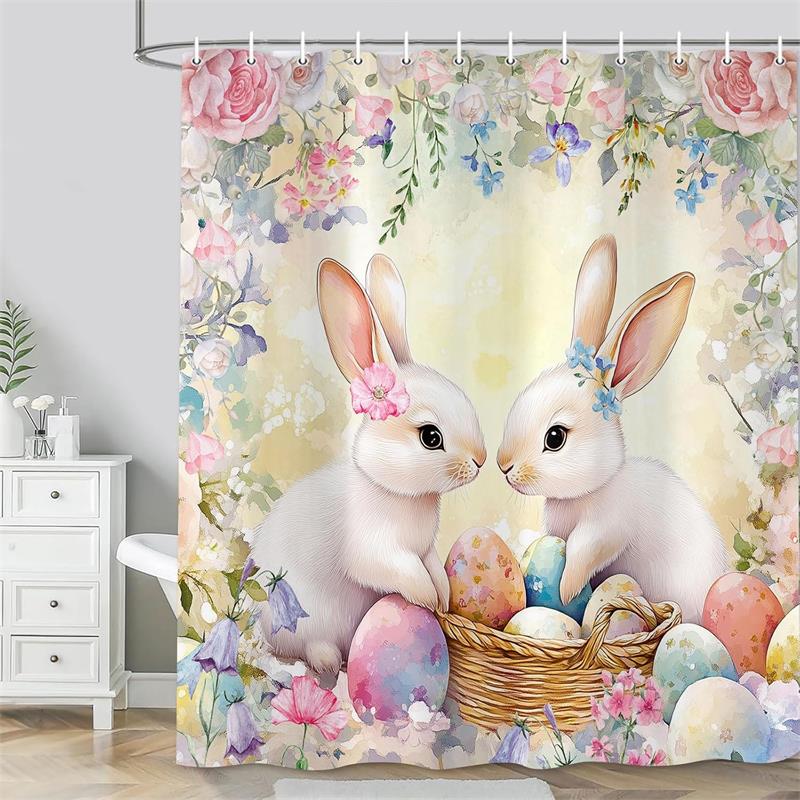 Spring Easter Bunny Shower Curtains Leaves Wildflower Watercolor Floral Rabbit Rustic Farmhouse Bathtub Bathroom Curtain Decor