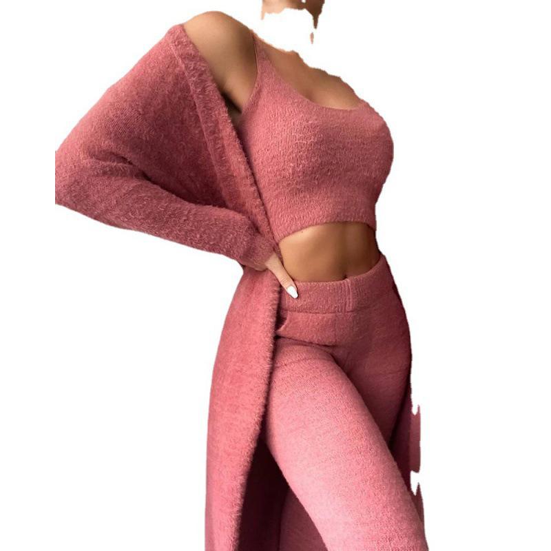 Chic V-neck Plush Three-piece Set: Vest, Long Pants & Suit for Women