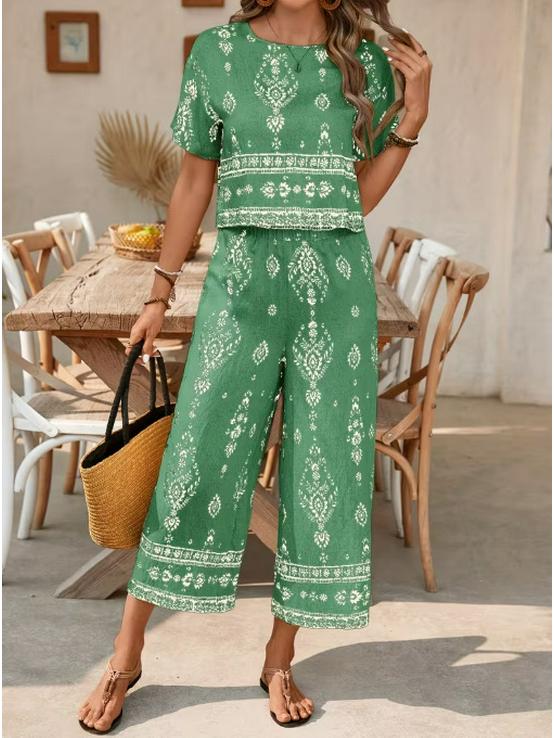Elegant Color Block Ethnic Print Top & Straight Leg Pants Set for Women