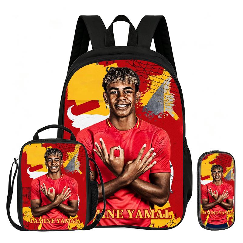 Football Sport Backpack with Lunch Bag Pencil Bags 3Pcs Set L-Lamin Yamal School Backpack Bookbag Football Star Knapsack