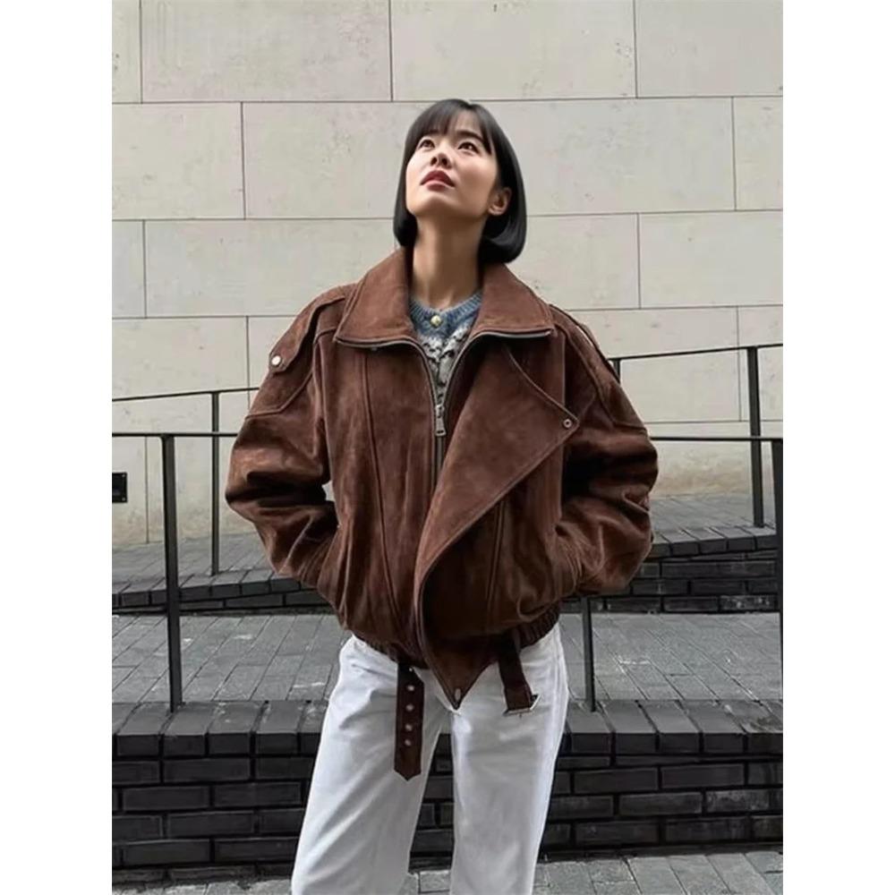 Women's Belt Short Suede Jackets Loose Lapel Long Sleeve Zipper Coats Spring Lady Vintage Female Outwear Street