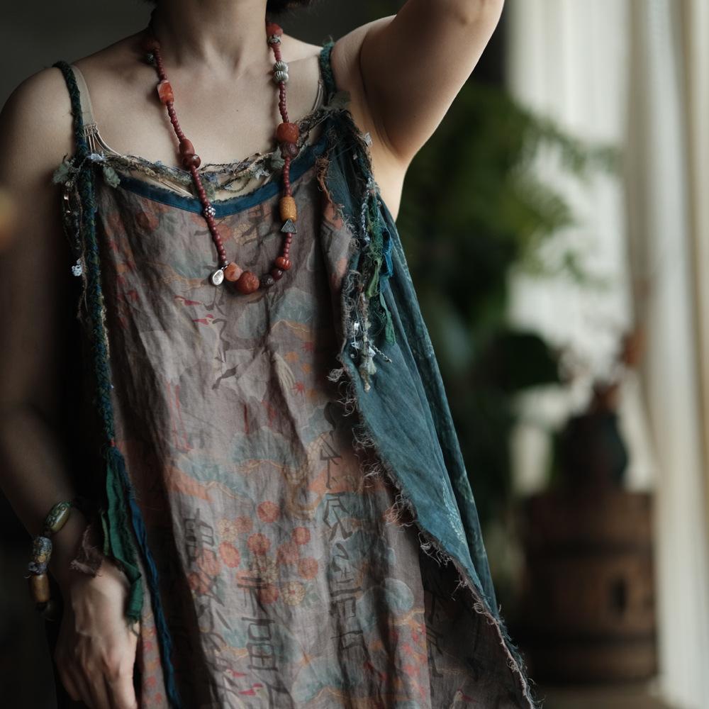 Johnature Women Vintage Patchwork Dress Summer High Quality Print Floral Sleeveless Spaghetti Strap Female Dress