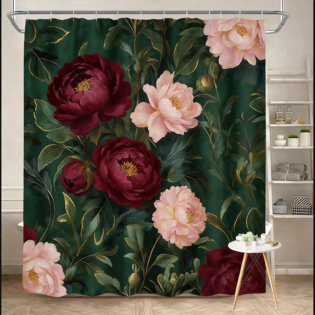 Vintage Floral Shower Curtain 180x180cm – Cream & Gold Peonies with Daisies on Black Background, Elegant Bathroom Decor 12 Hooks