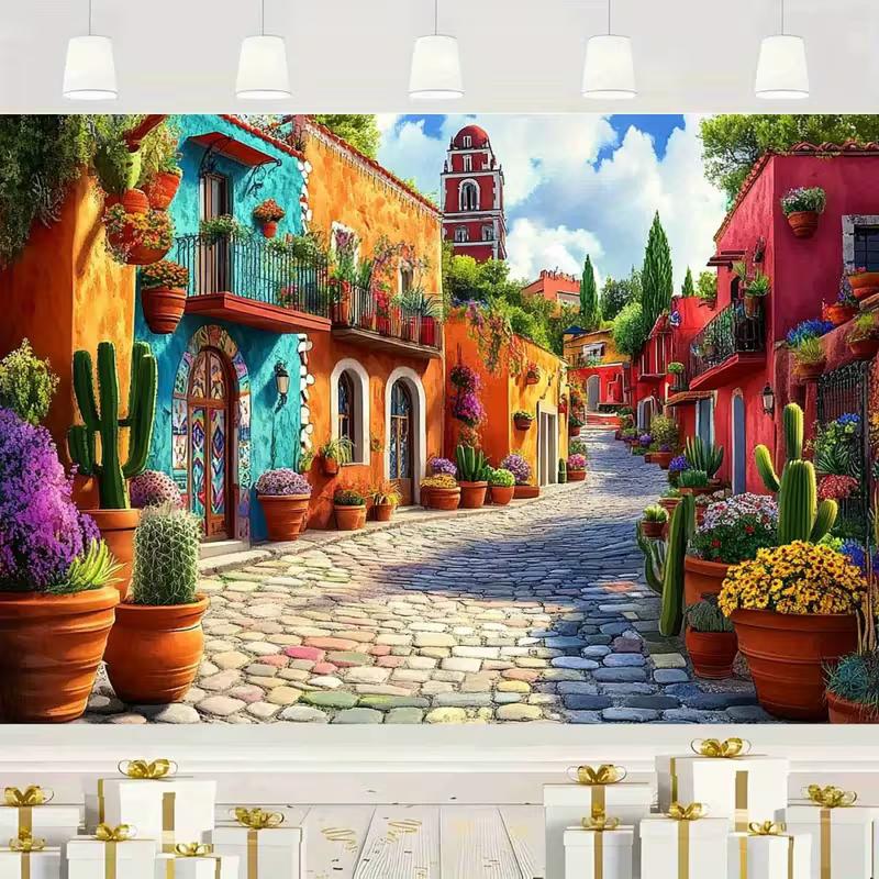 

2D Fiesta Mexican Town Backdrop, Colorful Colonial Street Photography Background Cloth 47.2x31.5inch/120*80cm