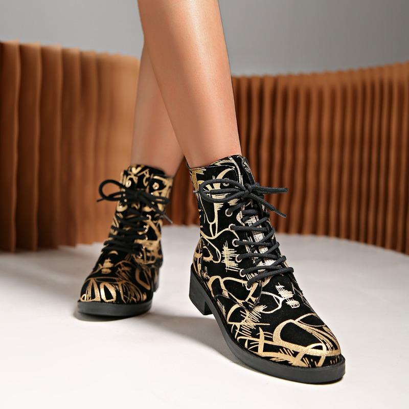 Large Size 24 Autumn and Winter New Martin Boots Women's Printed Lace-up Thick-soled Outer Short Boots