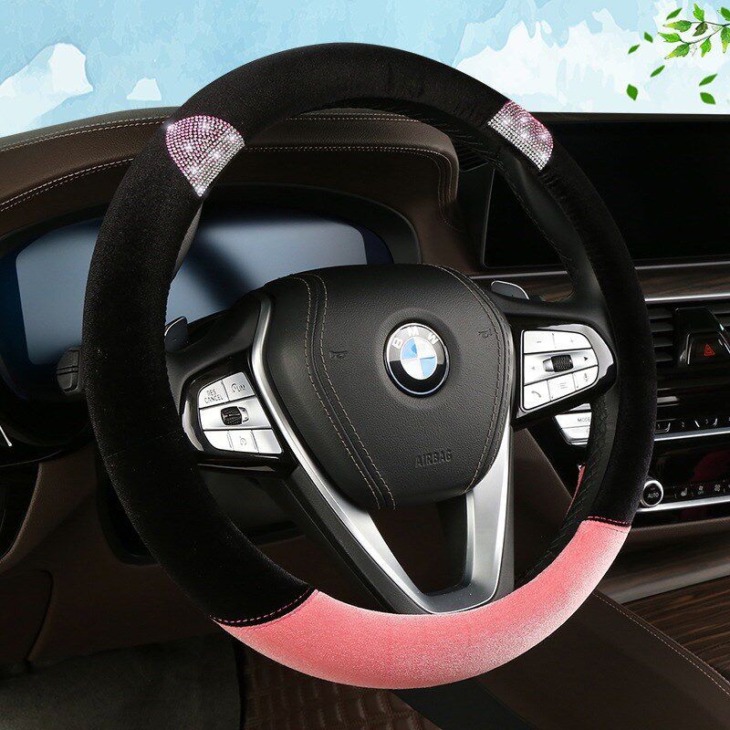 

New Car Steering Wheel Cover with Cartoon Rhinestones, Winter Cute Plush Warm Rhinestone Interior Car Handle for Women Pink