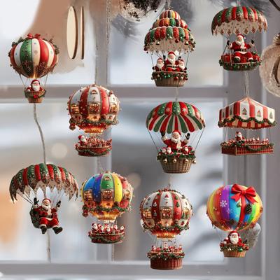 Christmas Hot Air Balloon Decoration Wooden 2D Flat Santa Claus In Hot Air Balloon Pendant for Holiday Window Wall Home Decor